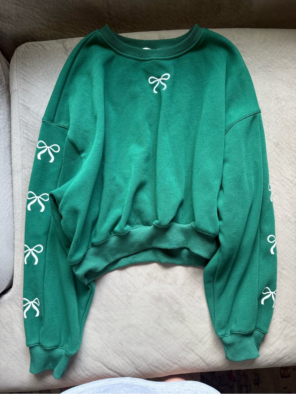 Altar’d State Green Bow-Embellished Cropped Sweatshirt